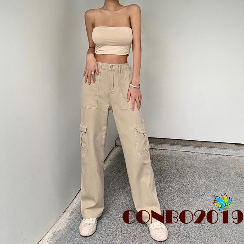 Hgm-quần Jean Nữ Cạp Cao Ống Thẳng Có Túi Màu Trơn / Kaki / Nâu