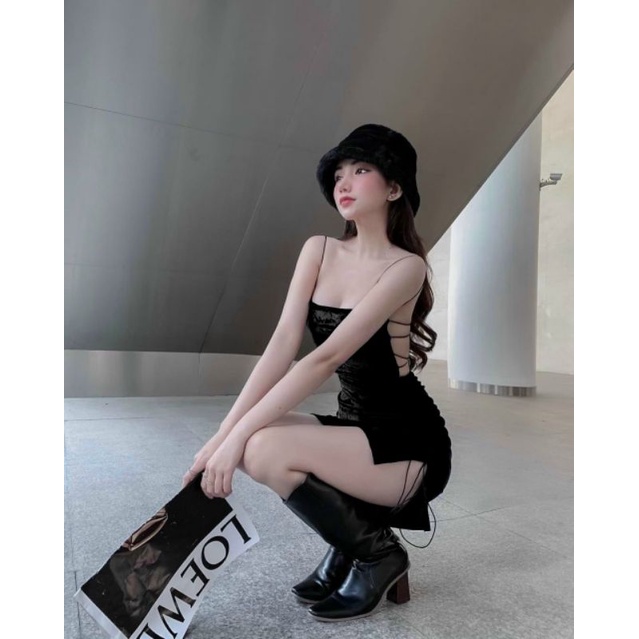 [FREESHIP] Đầm nhung đen đan dây hở lưng xẻ tà sẵn mút ngực mặc đi chơi đi tiệc sang trọng sexy