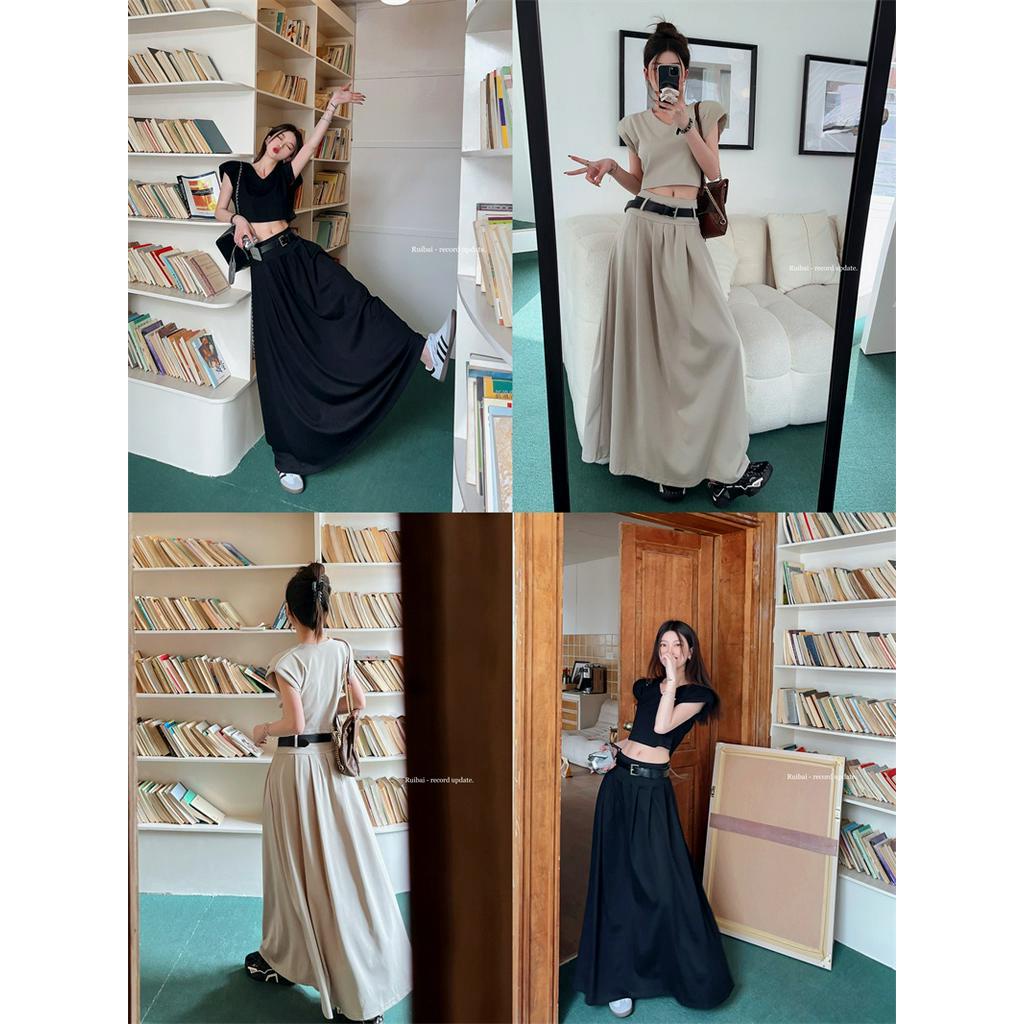 Bộ Áo Thun Cổ Chữ V + Chân Váy Dù Dáng Chữ A Phối Thắt Lưng Thời Trang 63142