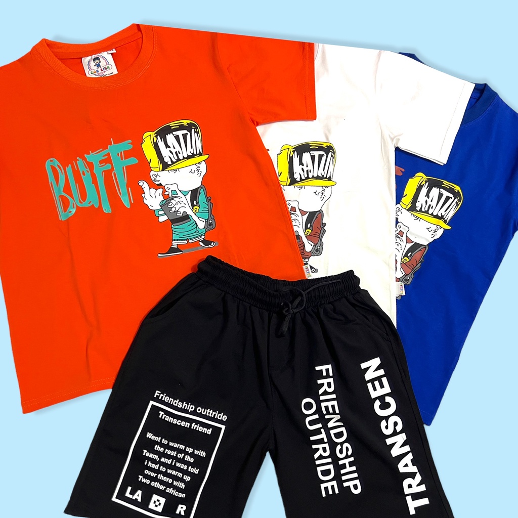 Bộ đồ bé trai Con Xinh cotton hình in Chú bé đội nón BUFF, thời trang mùa hè dành cho trẻ em từ 14 đến 45kg