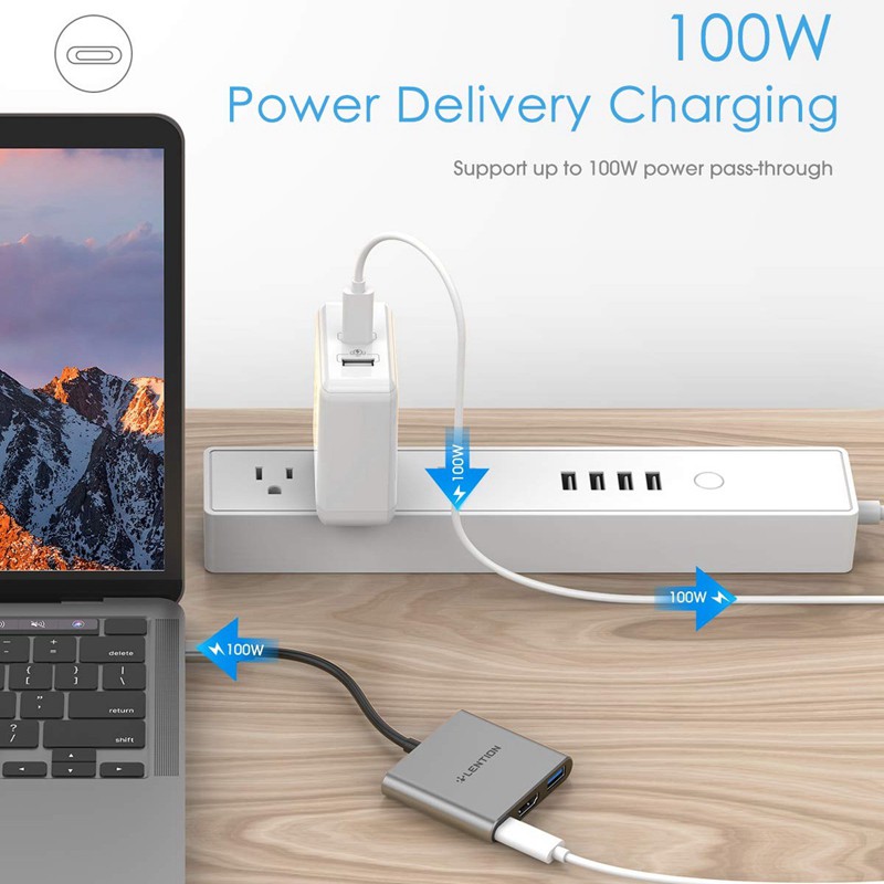 Hub chuyển đổi LENTION C14 3 trong 1 từ USB C 100W gồm cổng Type-C USB 3.0 và HDMI 4K cho ChromeBook