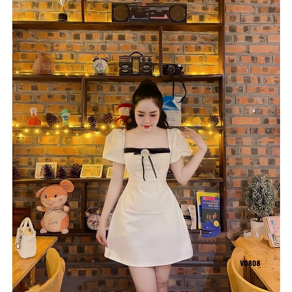 Váy , Đầm Nữ Bigsize Cổ Vuông Tay Phồng Phối Nơ Phù Hợp Đi Chơi Đi Tiệc Dạo Phố Cho Người Mập 50.90kg