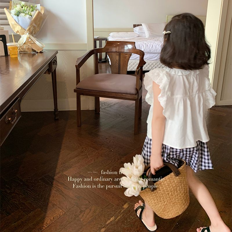 Hàng Mới Về Set Áo Sơ Mi Tay Ngắn Phối Bèo + Quần Short Màu Trắng Thời Trang Mùa Hè Cho Bé Gái