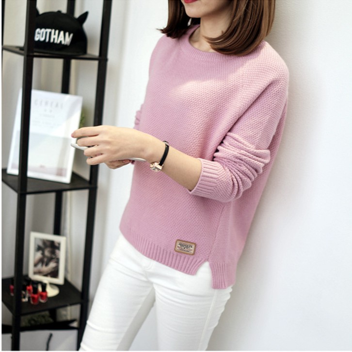 SUXI Áo dệt kim tay dài màu trơn thời trang cho nữ