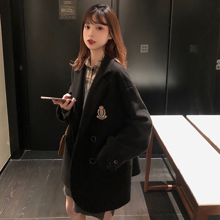 Áo Khoác Len Màu Đen Dáng Rộng Thời Trang Hàn Quốc Cho Nữ