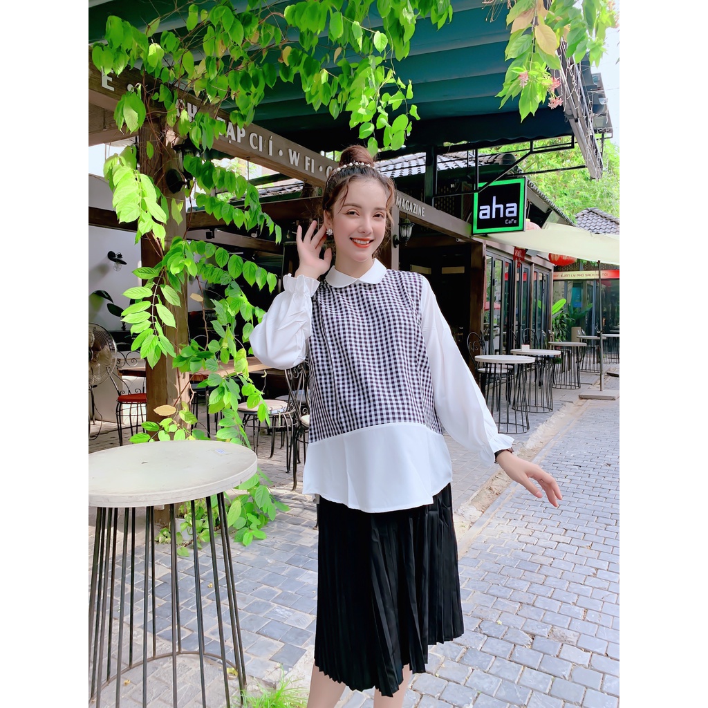 Áo bầu thiết kế phối kẻ dài tay
