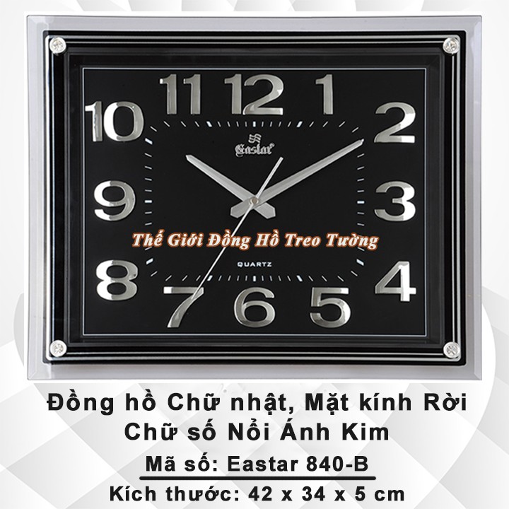 Đồng hồ Treo tường EASTAR KIM TRÔI Chữ Nhật Mặt Đen – Mặt Kính 3D – Bộ Số Nổi Ánh Kim Bạc – Tặng Pin Maxell