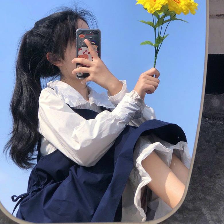 Set hai món Váy Yếm nữ (Yếm xanh + Váy trắng nữ) tiểu thư dáng babydoll hàng Quảng Châu cute cho các nàng