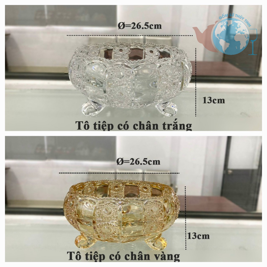 Tô 3 chân TIỆP lớn 2950J / thố 3 chân tiệp lớn bằng thủy tinh màu trắng hoặc vàng cao cấp / tô thủy tinh