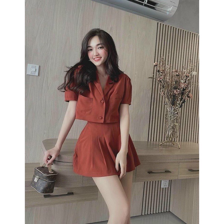 Set bộ vest nữ vải for, set áo vest croptop tay búp quần  đùi, set sơ mi 2 túi tay ngắn thời trang công sở trẻ trung