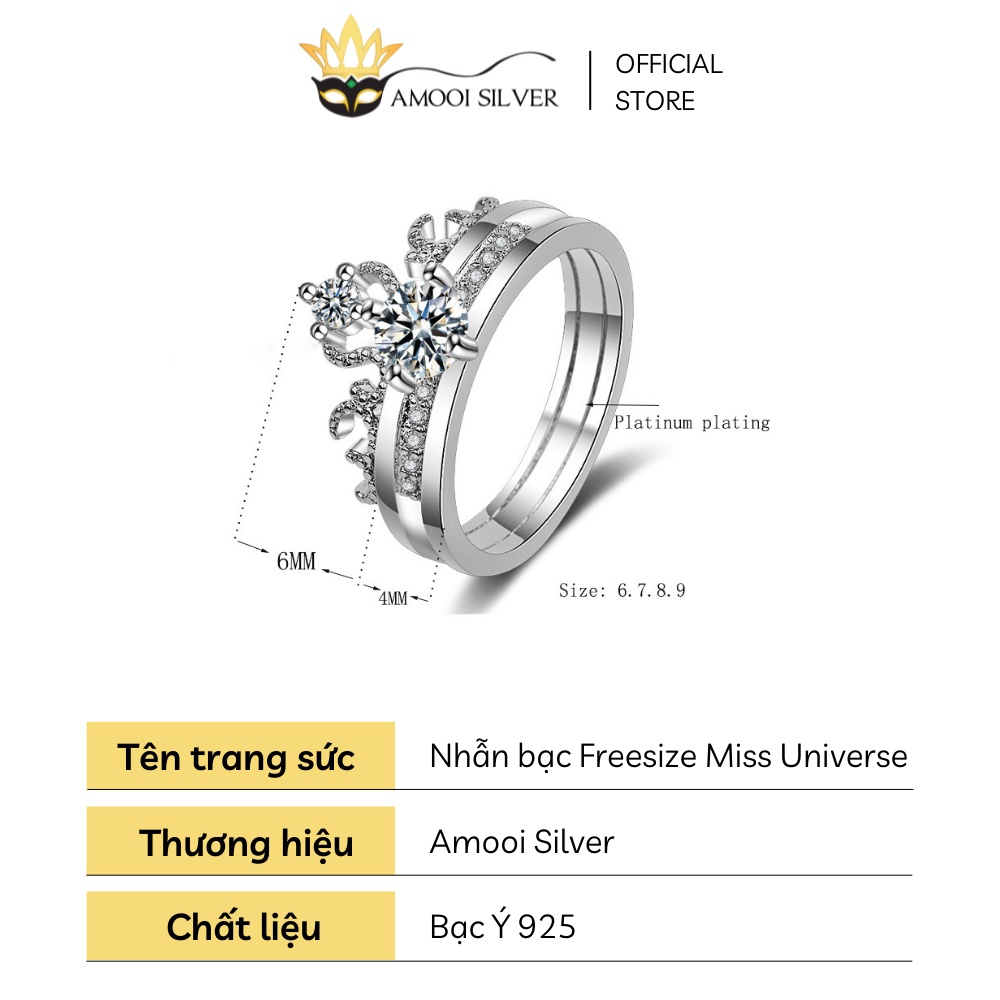 Nhẫn Bạc S925 Freesize Mẫu Vương Miện Miss Universe 2 trong 1 - Amooi Silver AN19