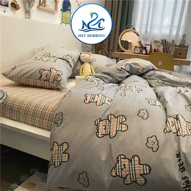 Bộ chăn ga gối Cotton poly M2T bedding Gấu xám BBR, vỏ chăn mền, drap nệm và 2 vỏ gối | BigBuy360 - bigbuy360.vn