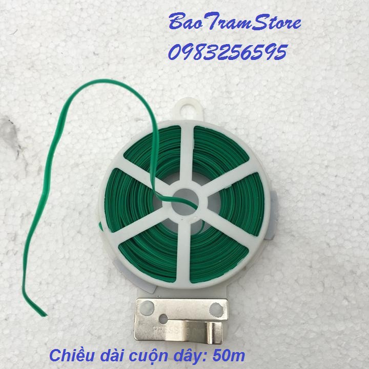 Dây buộc cành cây bọc nhựa dạng dẹp cuộn 50m lõi 0.5mm màu xanh.