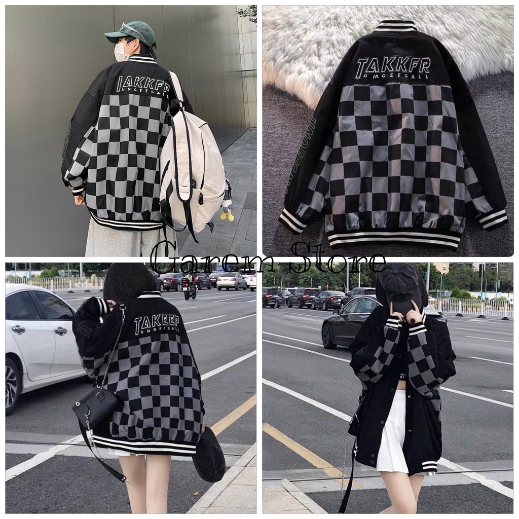 Áo BOMBER Unisex In Hình Bàn Cờ Cực Chất,Chất Dù 2 Lớp Phối Màu Đen Trắng Basic Hot Trend Thu Đông 2022