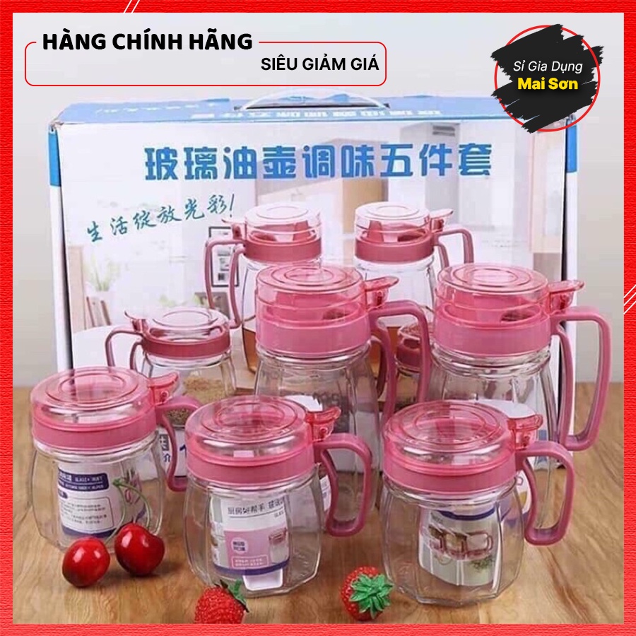 Hũ Đựng Gia Vị Thuỷ Tinh Sang Trọng Lọ Đựng Gia Vị 5 Món Cao Cấp Có Nắp Bật Kèm Muỗng Tiện Lợi