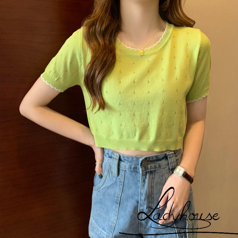 Áo Croptop Dệt Kim Tay Ngắn Cổ Tròn Màu Sắc Tương Phản Thời Trang Cho Nữ