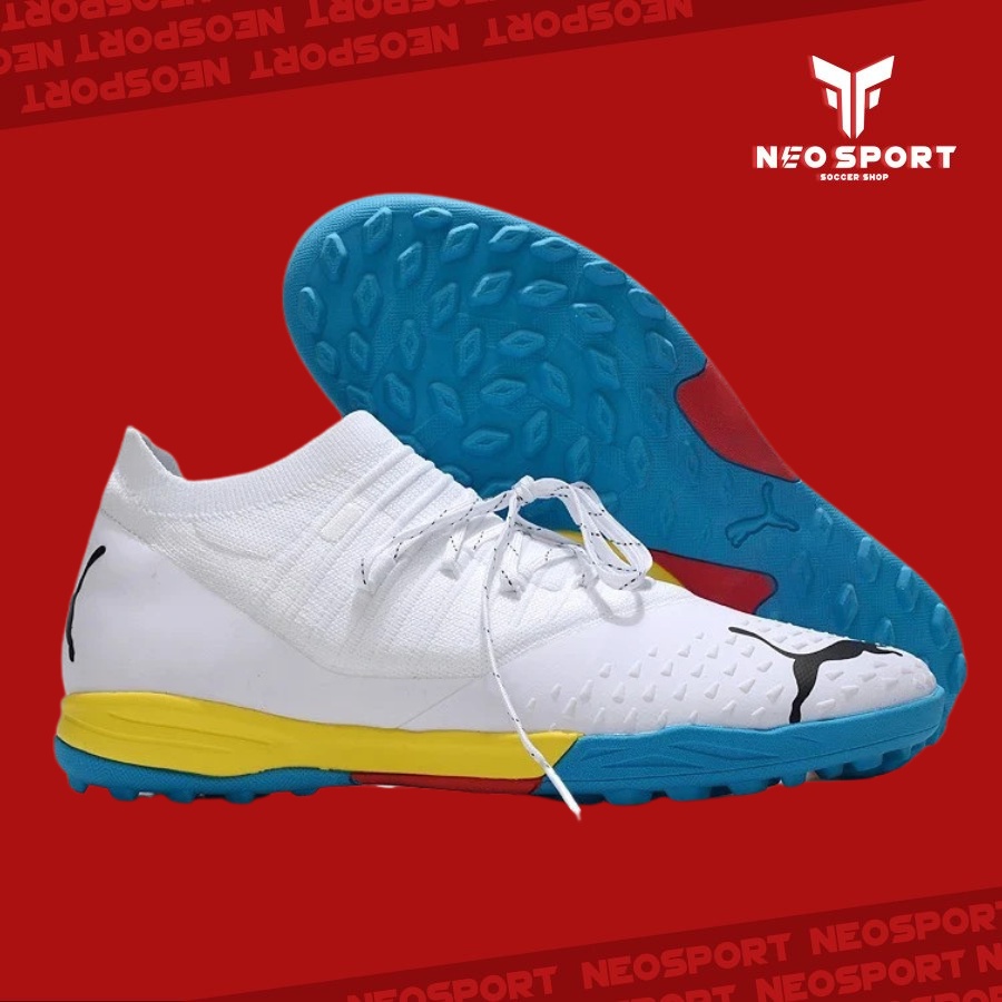 Giày Bóng Đá Cỏ Nhân Tạo Puma Future Z 3.3 Bo Thun Trắng Đế Xanh Da/Đỏ TF