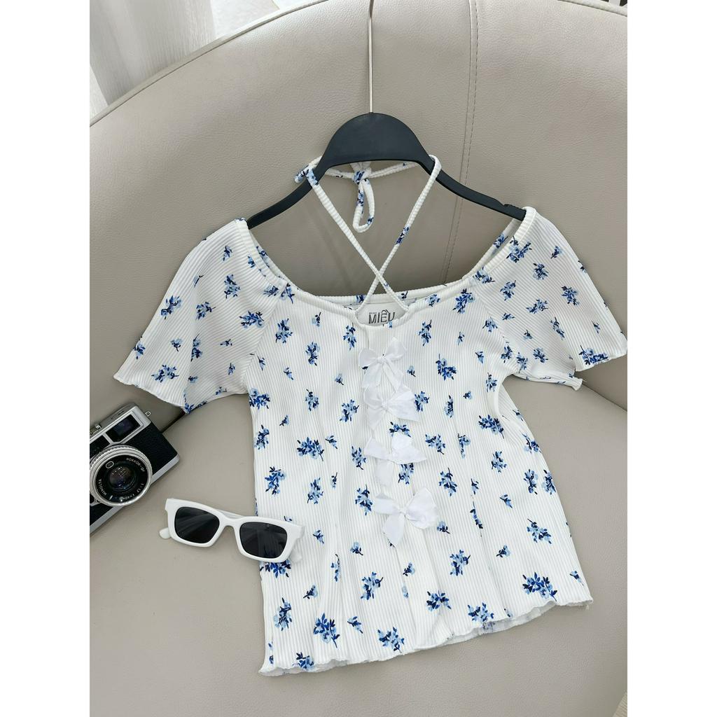 Áo kiểu họa tiết hoa có nơ trước chất vải thích hợp mùa hè Nari Miều Est.2013