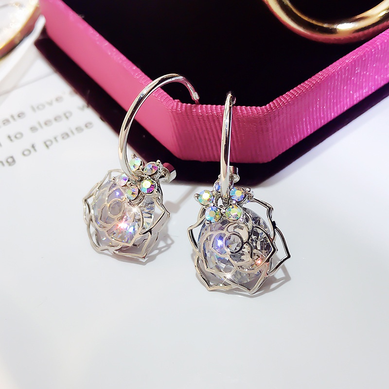Bông Tai Mạ Bạc 925 Hình Hoa Hồng Đính Đá Zircon Kiểu Hàn Quốc Dễ Thương