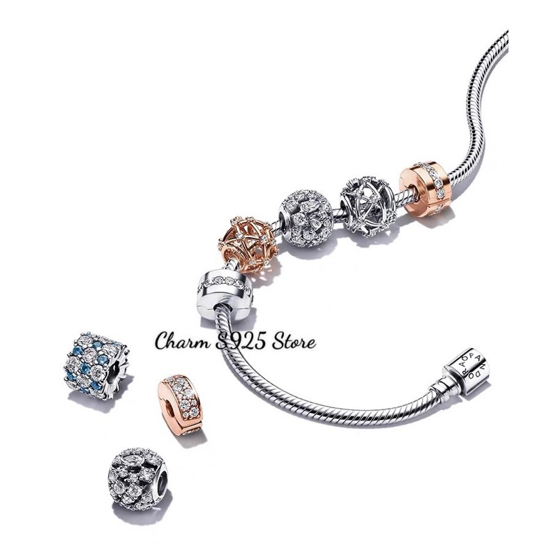 charm pan hoa tuyết đính đá trắng bạc s925 cao cấp