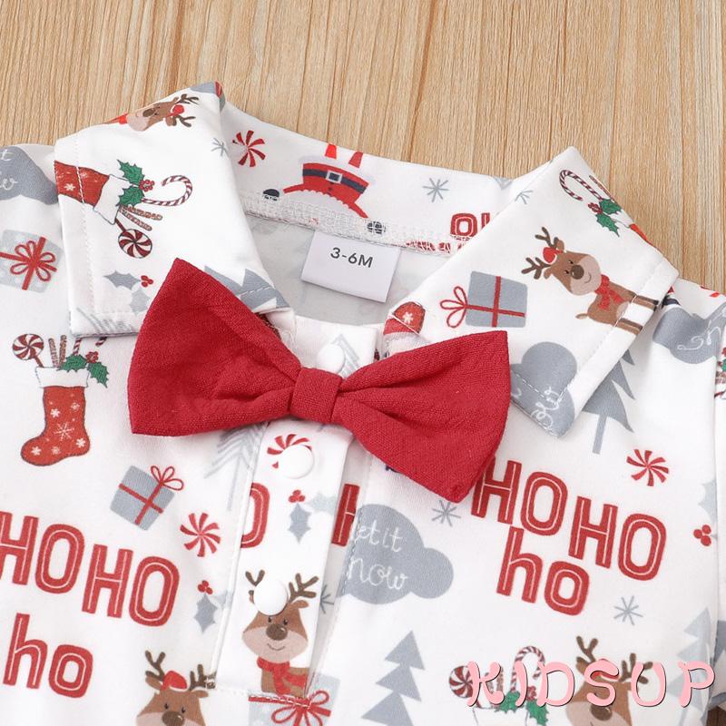Set áo liền quần tay ngắn cổ bẻ in họa tiết kèm quần yếm short phong cách giáng sinh thời trang cho bé trai