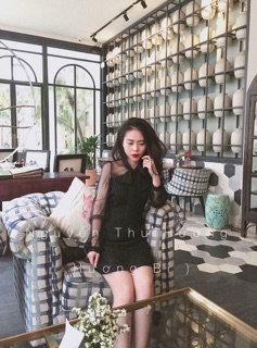 (giá rẻ nhất) Đầm bố phối tay lưới nơ ở cổ