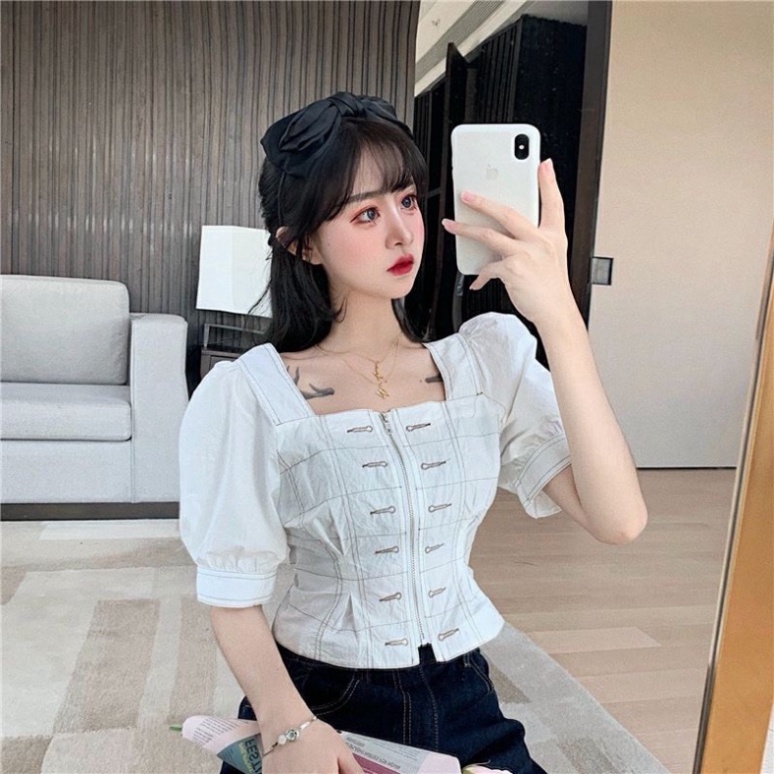 Áo cộc tay nữ trắng cổ vuông tay bồng điệu đà phối khóa kéo phong cách hàn quốc