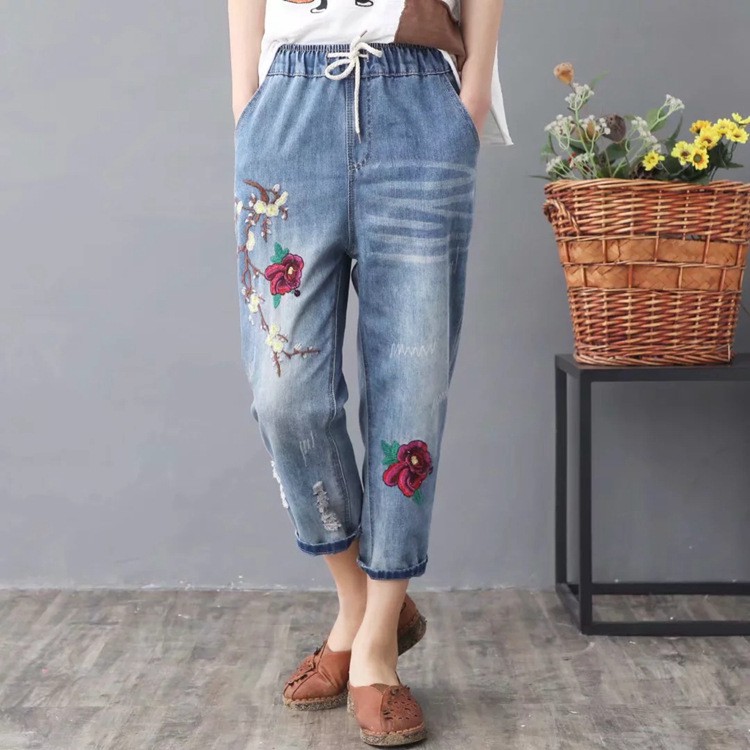 Quần jean baggy nữ lưng thun bigsize thêu hoa danh cho người 45kg đến 90kg