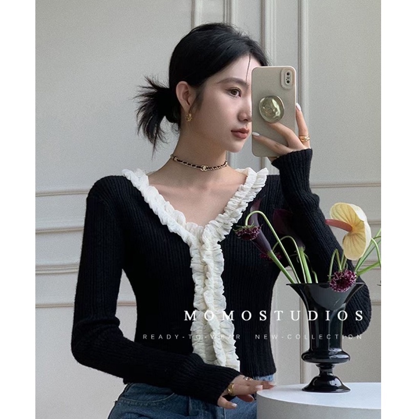 QKOOLE Áo Croptop Dệt Kim Tay Dài Cổ Chữ V Phong Cách Thời Trang Hàn Quốc Dành Cho Nữ áo khoác