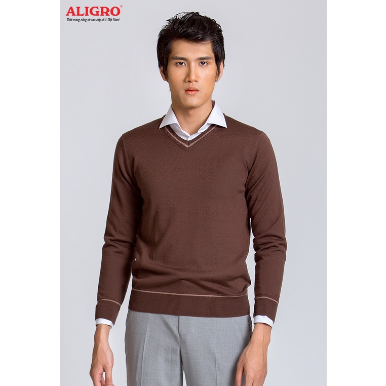Áo len dài tay Aligro ALEND042 nâu cổ tim phối kẻ viền, áo len nam, áo len thời trang, len lông cừu mềm mịn