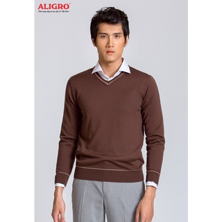 Áo len dài tay Aligro ALEND042 nâu cổ tim phối kẻ viền, áo len nam, áo len thời trang, len lông cừu mềm mịn