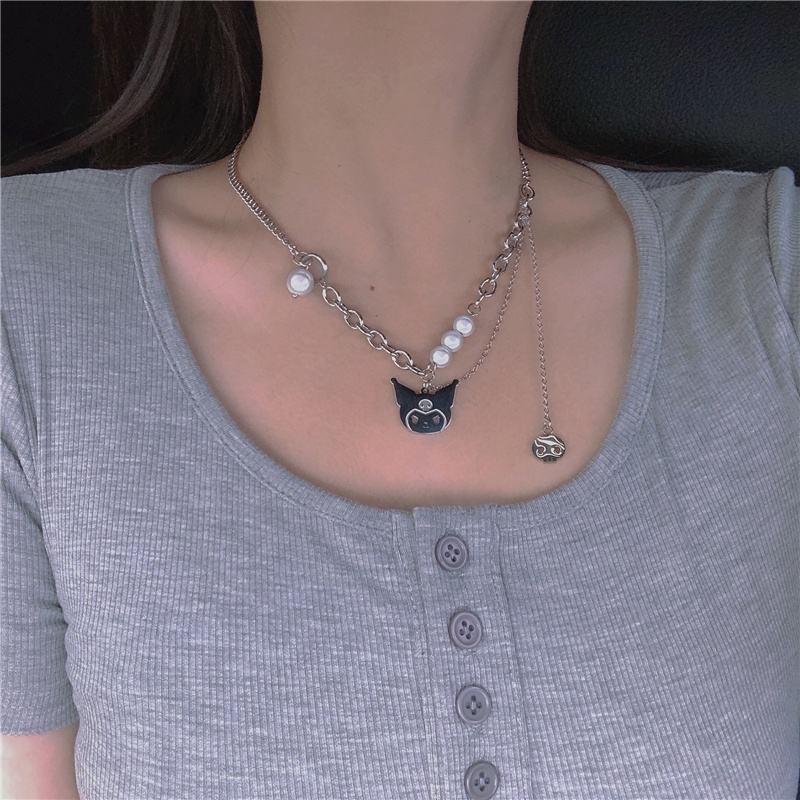 Vòng cổ Hình Mèo Phản Quang Đính Ngọc Trai Thời Trang Phong Cách hip hop Hàn Quốc