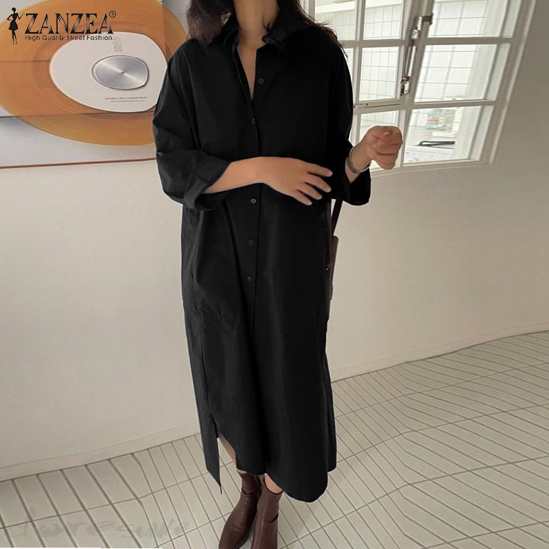 Đầm maxi ZANZEA cổ lật dài nút dáng rộng màu trơn phong cách vintage dành cho nữ
