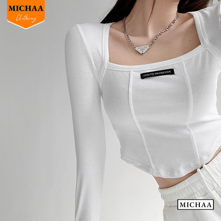 Áo Croptop Nữ Cổ Vuông Tay Dài LOGO NGỰC Ôm Body, Áo Thun Kiểu Sexy Chất Borip - MICHAA CR12