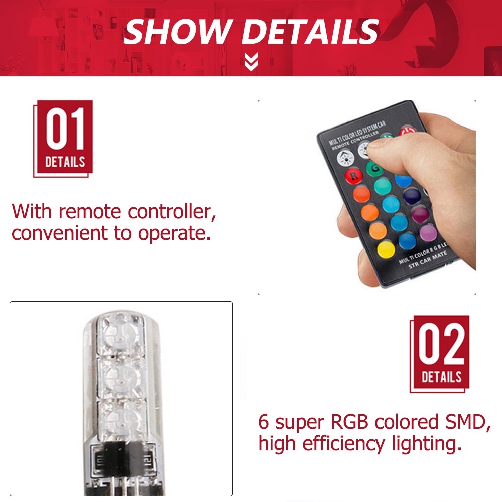 Set 2 Đèn Led T10 W5W RGB 6 Smd cob canbus 194 168 Cho Xe Ô Tô Kèm Remote Điều Khiển