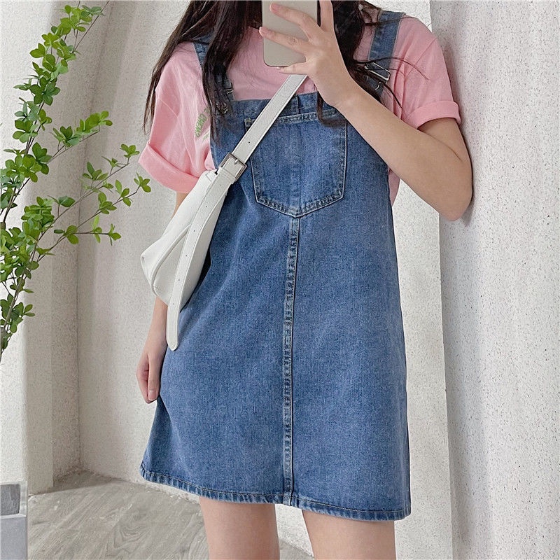 Đầm Denim Hai Dây Dáng Rộng Phong Cách Hàn Quốc Mới