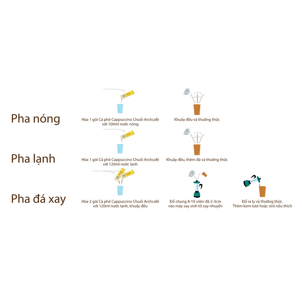 Combo 3 Archcafé Pha Chế: Cappuccino Dừa, Cappuccino Chuối, Cappuccino Sầu riêng (hộp 12 gói x 20g)