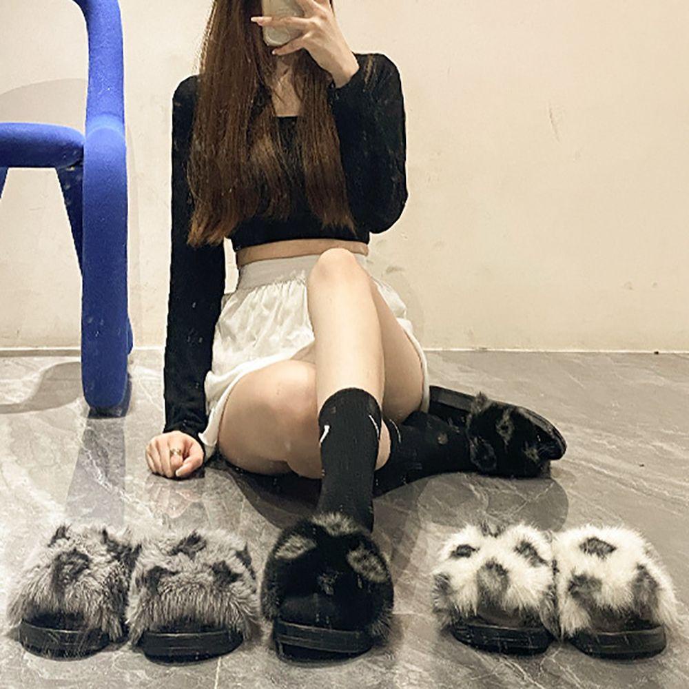 Dép Bông Đi Trong Nhà Hở Mũi Phối Lông Thời Trang Thu Đông Cho Nữ