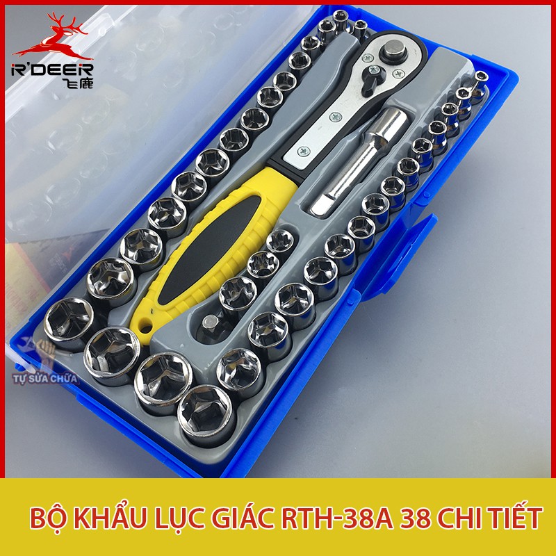 Bộ khẩu 38 chi tiết Nhập Khẩu bằng thép Chrome vanadium 1/4 3/8 RDEER RTH-38A (Cần tự động) Kèm hộp đựng, Bộ tuýp 38