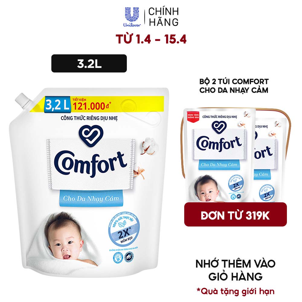Nước xả làm mềm vải COMFORT Chăm sóc dịu nhẹ Cho da nhạy cảm 3.2L