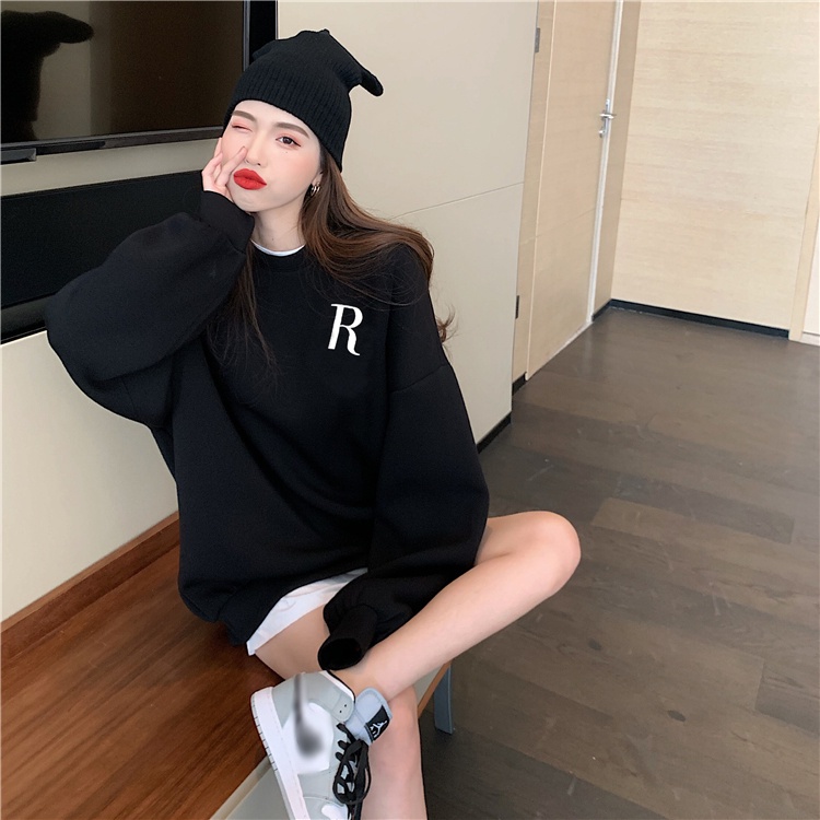 QADCOL Áo sweater dáng rộng in họa tiết chữ phong cách Hàn Quốc trẻ trung