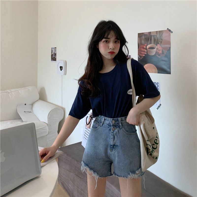 Quần Short Denim Lưng Cao Màu Xanh Nhạt Thời Trang Mùa Hè Hàn Quốc Cho Nữ