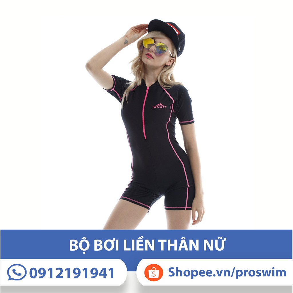 Bộ Bơi Nữ Kín Đáo Liền Thân Ngắn Tay Chính Hãng Sbart 80-47 Đen Chỉ Hồng