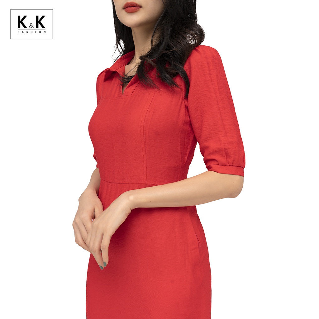 Đầm Sơ Mi Tay Lỡ Dáng Chữ A K&K Fashion KK104-34 Màu Đỏ Chất Liệu Vải Đũi