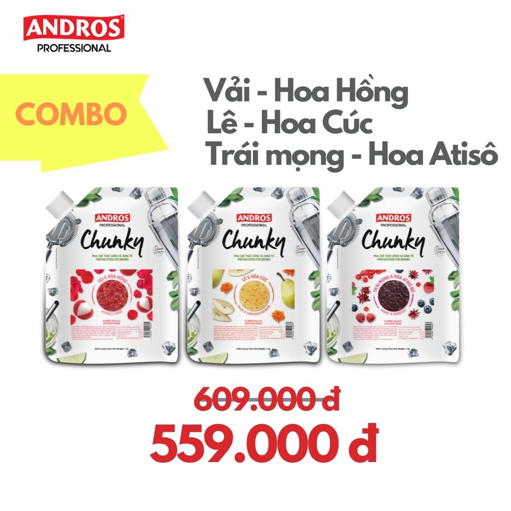 ANDROS - COMBO PHÚC AN KHANG  (Lê hoa cúc, Trái mọng hoa artiso, Vải hoa hồng) - Nguyên liệu pha chế - Túi 1kgx3