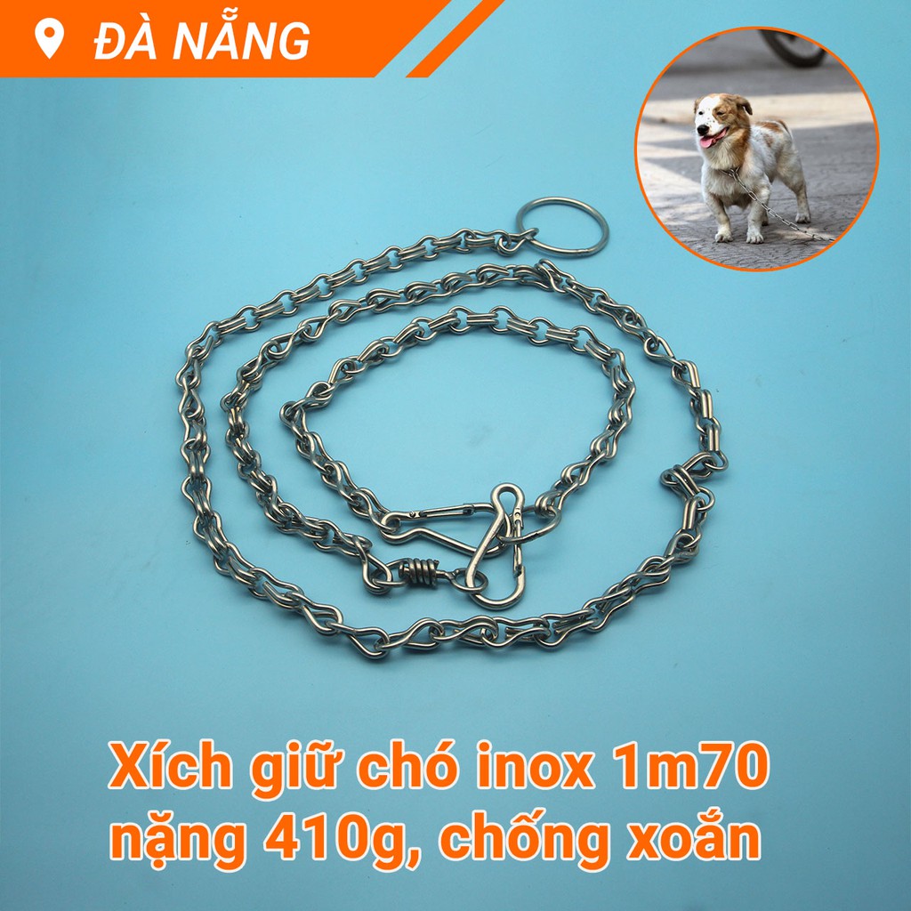 Xích giữ chó inox 1m70 nặng 410g , chống xoắn, có thể thu ngắn bằng khớp