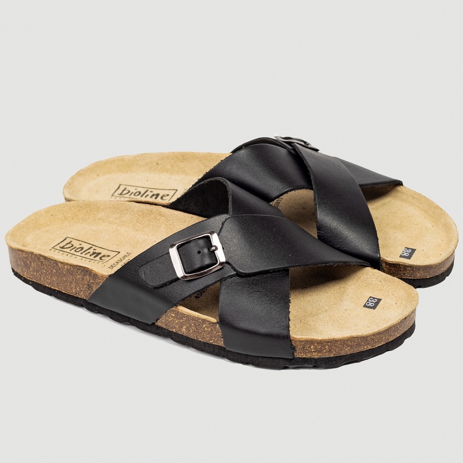 D17 - Sandal Đế Trấu BIOLINE Official Quai Da Bò Chữ X Có Khóa Cài