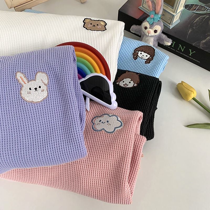 Áo thun tay dài cổ tròn thêu họa tiết hoạt hình phong cách Hàn Quốc cho nữ