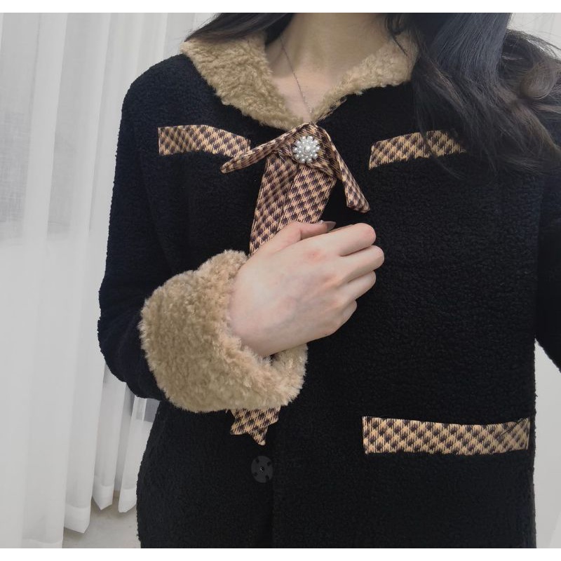 ẢNH THẬT Set Áo Khoác Chân Váy Dạ Đen Viền Bông