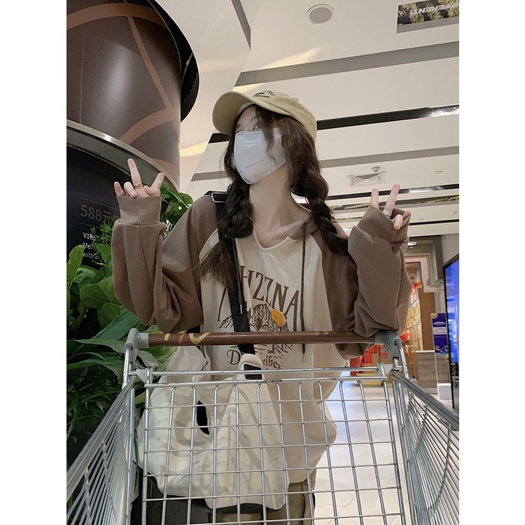 Áo Hoodie Dây Rút Tay Dài Dáng Rộng In Chữ Màu Khối Màu Sắc Phong Cách Hàn Quốc Dành Cho Bạn Nữ